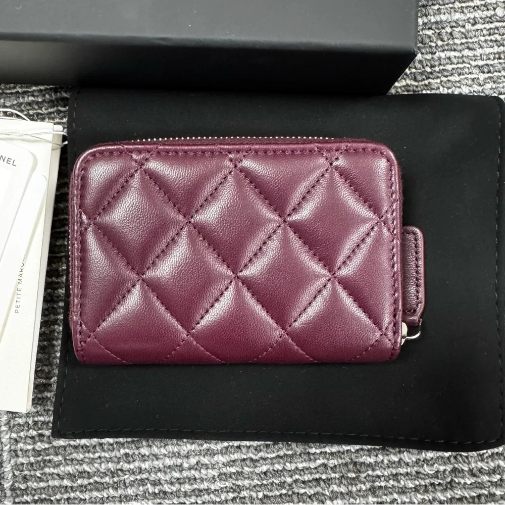 Chanel Dark Burgundy Quilted Wallet Coin Purse with Zip around  CC logo
